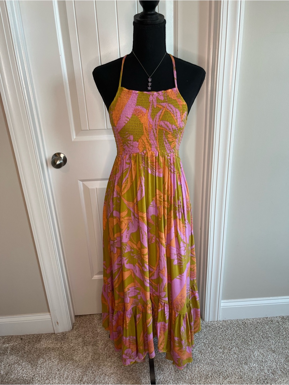 Free People Pink and Olive Floral Maxi Dress